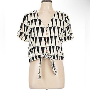 Anthropologie Maison d’Amelie Paris Linen Blend Tie Top, geometric pattern Small